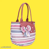 Pink and blue striped fabric handbag with bow, designed for ladies