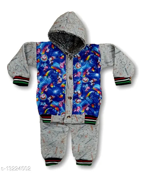 Blue and pink winter clothing set for baby boys, full sleeve t-shirt with hood attached jacket matching pants