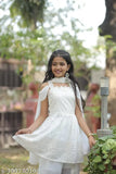White Georgette Durga Pooja dhoti kurta set, intricately embroidered with A-line top and dhoti pants, perfect for festive occasions. Sizes range from 3-4 Years to 14-15 Years. Made in India