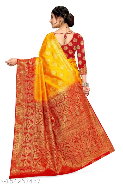 Golden and red traditional Indian Banarasi sari with intricate design and pallu