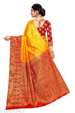 Golden and red traditional Indian Banarasi sari with intricate design and pallu