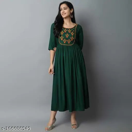 Green rayon cotton kurti, embroidered three-quarter sleeve women's top from India
