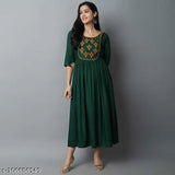 Green rayon cotton kurti, embroidered three-quarter sleeve women's top from India