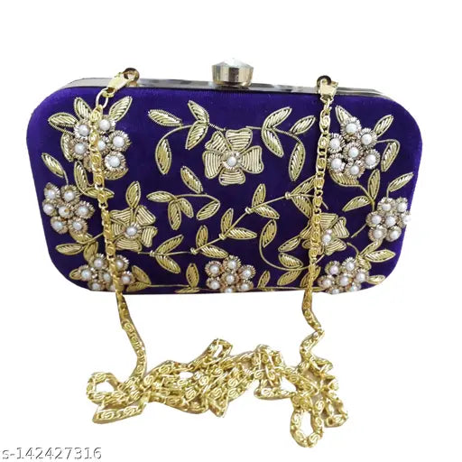 Purple velvet beaded clutch with gold chain strap