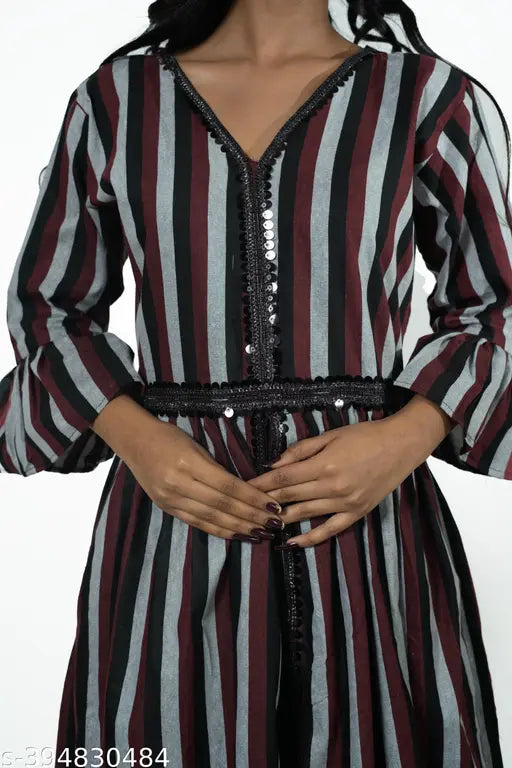 Blue and white striped, long sleeves, V-neck, women's cotton blend printed anarkali kurti