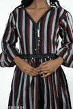 Blue and white striped, long sleeves, V-neck, women's cotton blend printed anarkali kurti