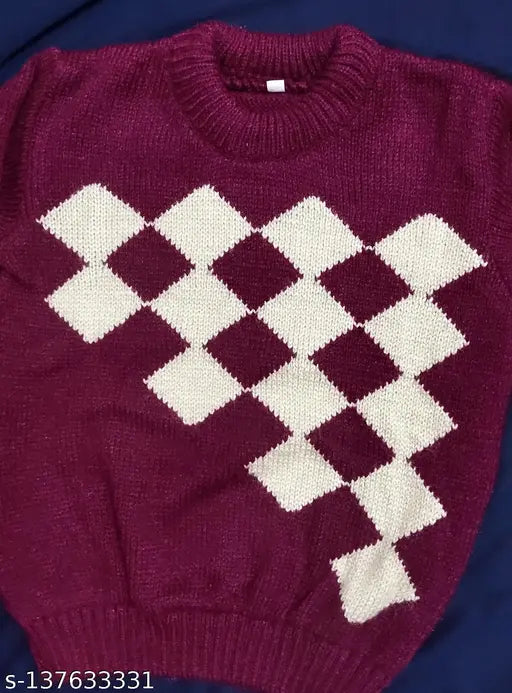 Soft unisex wool sweater for kids, embroidered net pattern, long sleeves