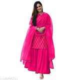 Pink and white embroidered checked work half-sleeve kurta with palazzo pants and dupatta set