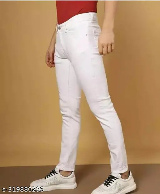Denim, plain white jeans for men by MOD MEN, size 28/30/32 with a waist of 28/30/32 inches, length of 41 inches, and hip of 32/34/36 inches, made in India