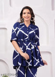 Blue rayon pyjamas set, printed net top and bottom with short sleeves, new disine looking nice, country of origin India (M-XXXL)