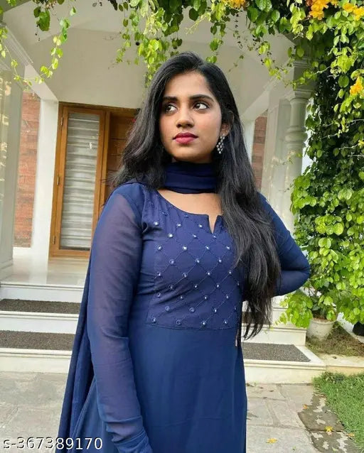 Georgette embroidered designer dress with dupatta, heavy fox georgette with mirror work and gorget dupatta, long sleeves, embellished set type kurta with dupatta, stitched, micro cotton inner, size M-XXXL, 52+ inches length, 3.50 meters flair, India origin