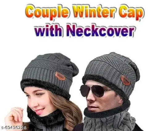 Wool winter balaclaca cap with fur pattern and neck warmer, Couples Cap for unisex use, self-designed, Indian origin