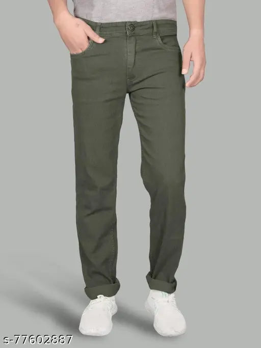 Just black mens straight olive cotton jeans, dark olive color men's regular fit jeans on hanger, sizes: 28-46 (IN)