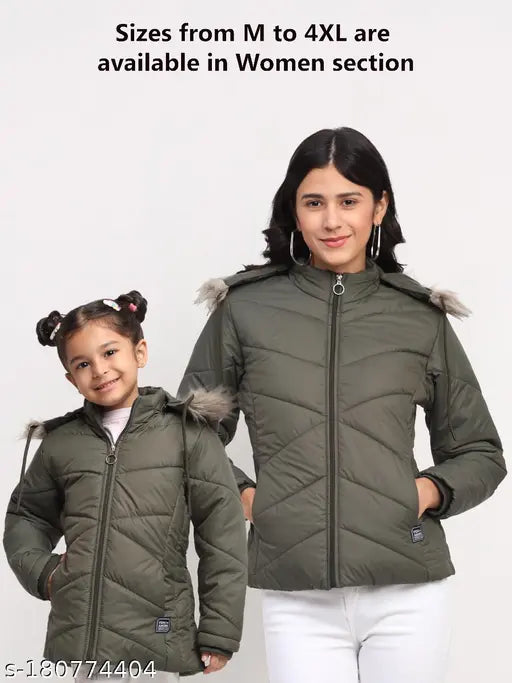 Olive green girls' puffy winter jacket with fur hood 2 layers of warmth