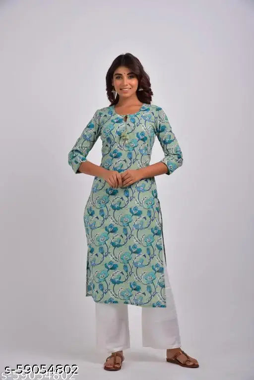 Green Swasti Women Plus Size Printed Pure Cotton Straight Kurta, ideal for plus-size fashion, made from breathable crepe fabric with three-quarter sleeves