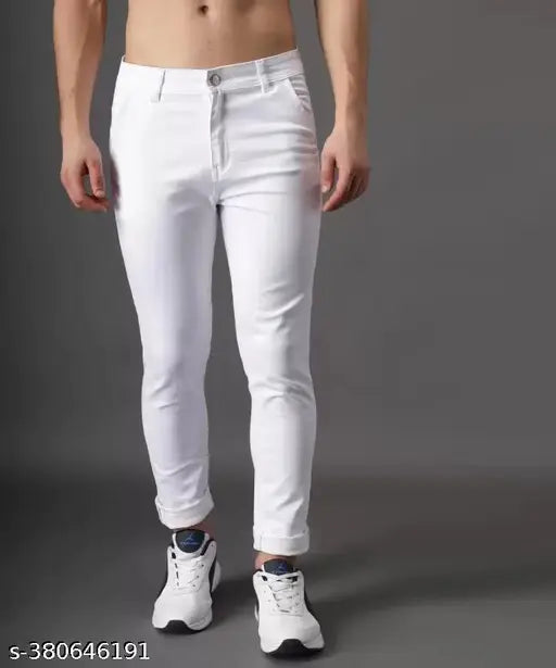 White cotton blend solid jeans, heavy stitching and double-stitching, comfortably stretchable, size 28/30/32/34/36 (waist 28/30/32/34/36, length 39 in, hip 33/35/37/39/41), Made in India