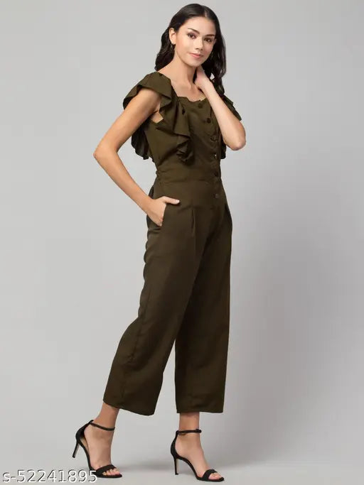 Crepe, casual frill sleeve jumpsuit for women, button front, Indian-made partywear