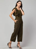 Crepe, casual frill sleeve jumpsuit for women, button front, Indian-made partywear