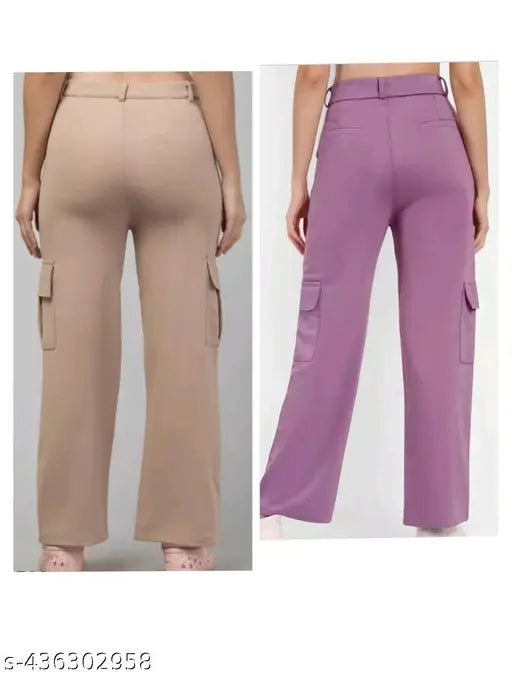Purple Lycra stretchy slim fit cargo pants with adjustable waist and functional pockets, casual everyday wear for women