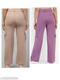 Purple Lycra stretchy slim fit cargo pants with adjustable waist and functional pockets, casual everyday wear for women