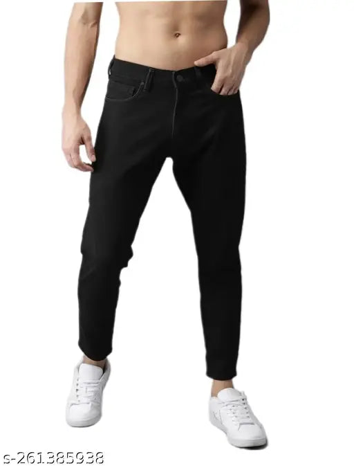 Black cotton mens slim fit ankle length jeans, comfortable and stretchable for casual and party wear. Perfect fit for waist sizes 28, 30, or 32 inches. Made in India
