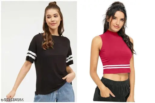 Cotton blend colorblocked round neck t-shirt pack of 2 for girls, Indian made, stylish casuals with short sleeves