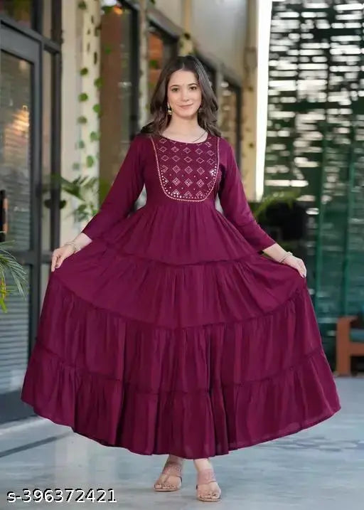 Rayon three-quarter sleeve Anarkali gown for women, solid combo, S (36in, 52in), L (40in, 52in), XL (42in, 52in), XXL (44in, 52in) - Indian traditional outfit on model