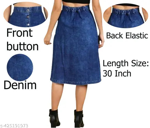 Blue denim skirt with high waist and ruffled hem, women's fashion