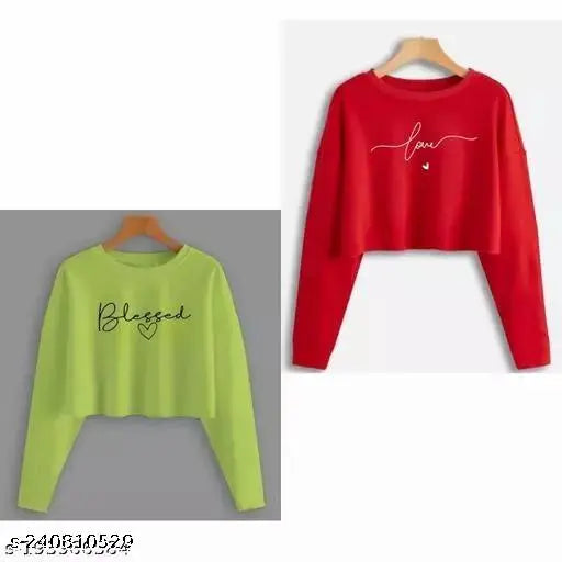 Cotton blend printed crop tops (Style 5), long sleeves, women's combo pack of 2 - stylish, versatile, Indian-made