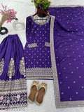 Purple, embroidered party wear set featuring a churidar, sharara, dupatta, and top