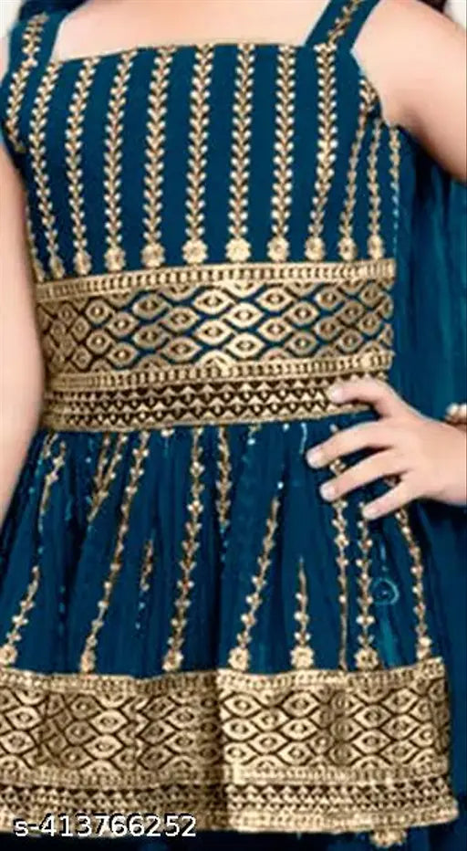 Rayon ethnic set for kids: Embroidered straight palazzos and frock, suitable for parties and festivals