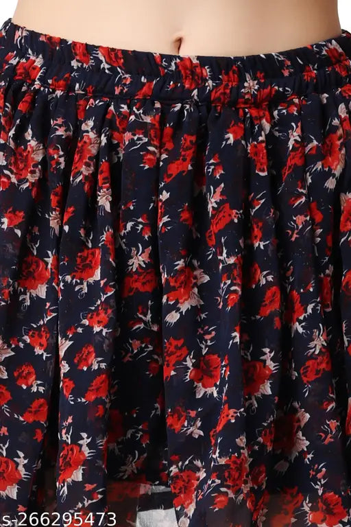 Blue chiffon floral mini skirt, Georgette, flared, above knee, printed, new and trendy design for women's fashion (Size 26, 28, 30, 32, 34)