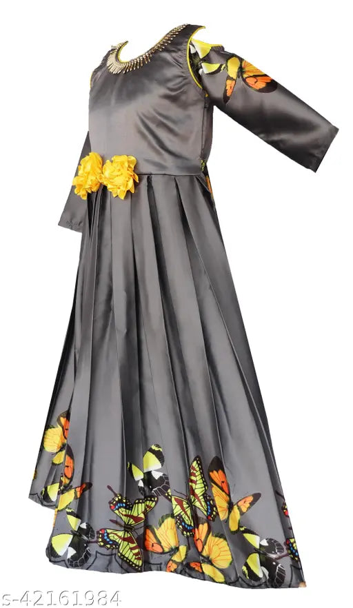 Gray floral patterned sleeveless dress with yellow butterfly detail