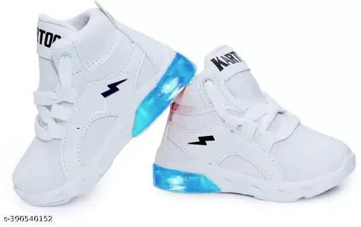 Kids LED light shoes for boys and girls (Bachoo Ke Light wale Shoes), mesh sole, PVC type, lace-up fastening, comfortable fit, solid net pattern, available in various sizes from 18-24 months to 4-5 years. Indian-made kids running shoes with integrated LED lights