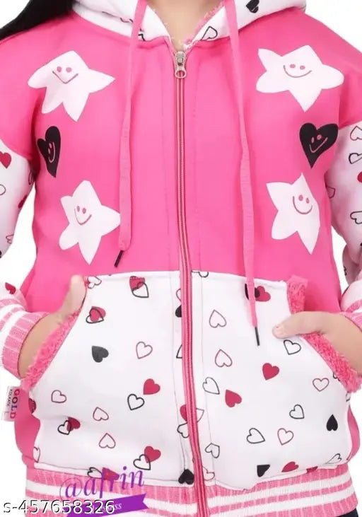 Kids girls winter hoodie jacket for girls, cotton long sleeves printed net in warm hues for toddlers on snowy day