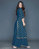 Rayon printed kurti, three-quarter sleeve fashionable kurti for women, trendy Indian kurti with combo pattern. S (36in bust, 48in size length), M (38in bust, 48in size length), L (40in bust, 48in size length), XL (42in bust, 48in size length), XXL (44in bust, 48in size length), XXXL (46in bust, 48in size length)