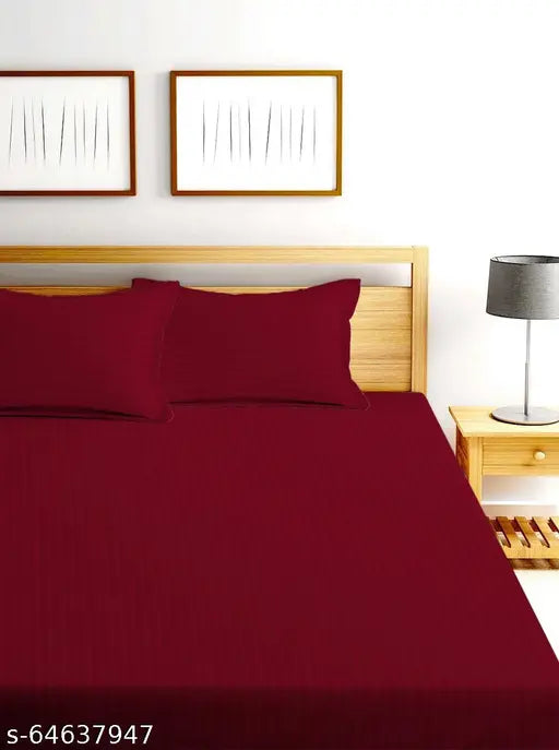 White cotton superfine New Leaf fitted double bedsheets with glace satin stripes, ideal for home & hotels