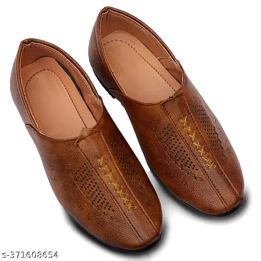 Brown leather loafers with perforated design, men's casual footwear