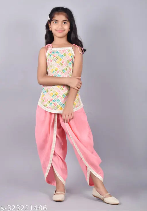 Rayon printed top and dhoti pants set for girls - vibrant Indian party wear