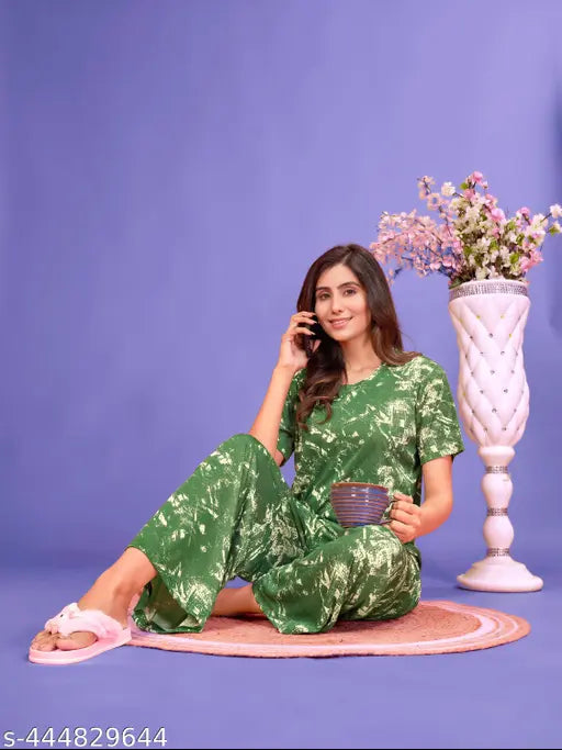 Imported printed cotton night suit and dress set for women, loose-fitting with adjustable straps and elastic waistband, soft and breathable, India origin