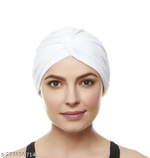 White pleated head wrap, knit turban, unisex polyester