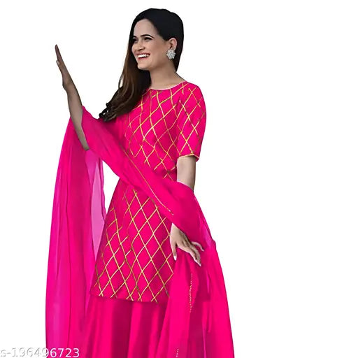 Pink checkered embroidery women's party wear kurta with half sleeves and dupatta set