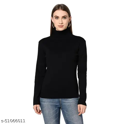 Black cotton long sleeve turtleneck top, solid patterned women's winter roll-up style by Le Espresso