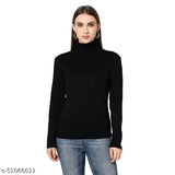 Black cotton long sleeve turtleneck top, solid patterned women's winter roll-up style by Le Espresso