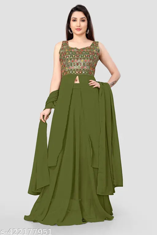 Green kameez with matching dupatta, embellished with sequins