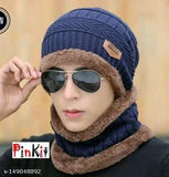 Navy blue knit beanie cap, neck warmer, scarf, winter fashion accessory