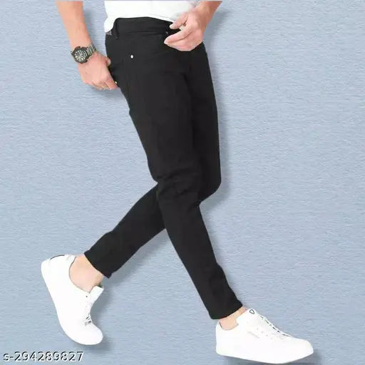Men's black polyester slim-fit jeans, offering comfort and style for versatile occasions