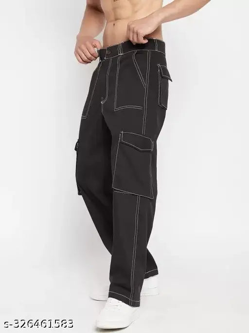 Solid denim baggy jeans for men, high rise, skinny fit, trending cargo style. Comfortable cotton-stretch, light wash with distressed detailing. Made in India, size options: 26, 28, 30