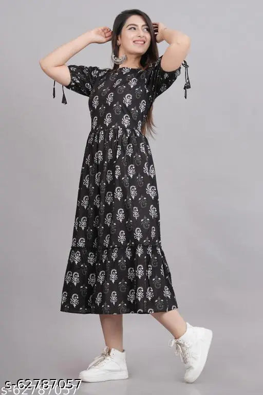 Black cotton Anarkali kurtis with printed combo, short sleeves for women's fashion, India origin