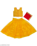 Sleeveless taffeta silk lehenga choli set for girls, floral stitch with butta patch work. Stitched net dupatta and inner cotton." (125 characters)